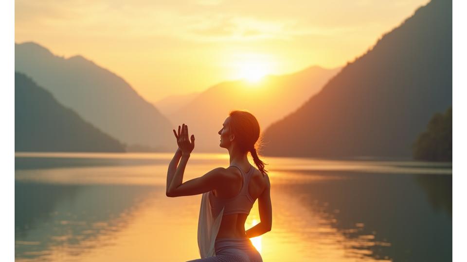 O femeie zâmbitoare, tonică, de 40 de ani, admirând un răsărit de soare deasupra unui lac montan, simbolizând liniște și vitalitate.